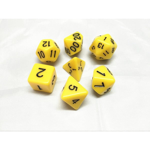 Yellow Opaque 7pc Dice Set inked in Black